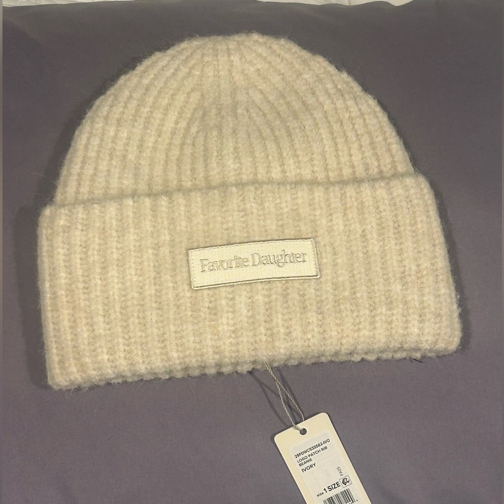 New Favorite Daughter Logo Patch Rib Beanie in Ivory